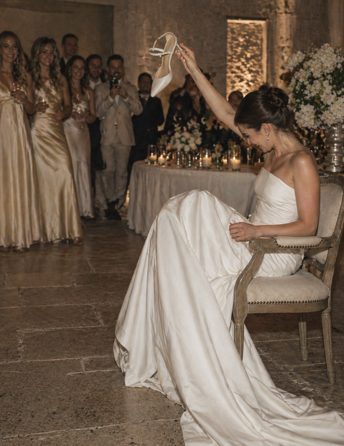 Lekar på bröllopsfesten: Brudparet sitter rygg mot rygg under den klassiska skoleken.