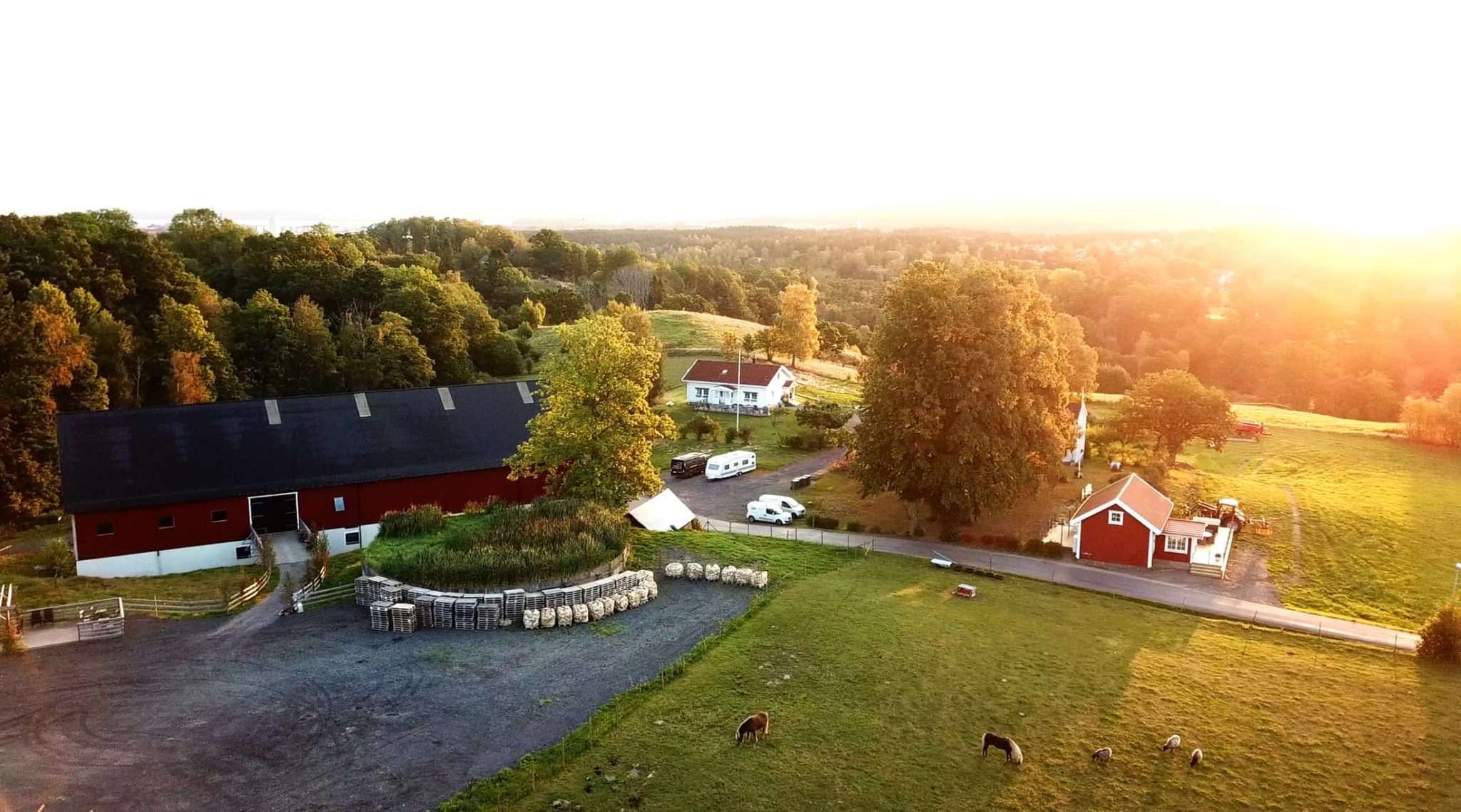 Vy över Ängens Gård och Bårarps Loge i Jönköping – en rustik bröllopsmiljö med lada, gröna ängar och hagar.
