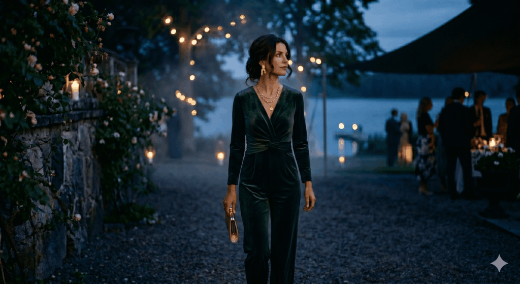 kvinna-i-elegant-gron-byxdress-klädkod-kavaj-brollopsgast-inspiration
