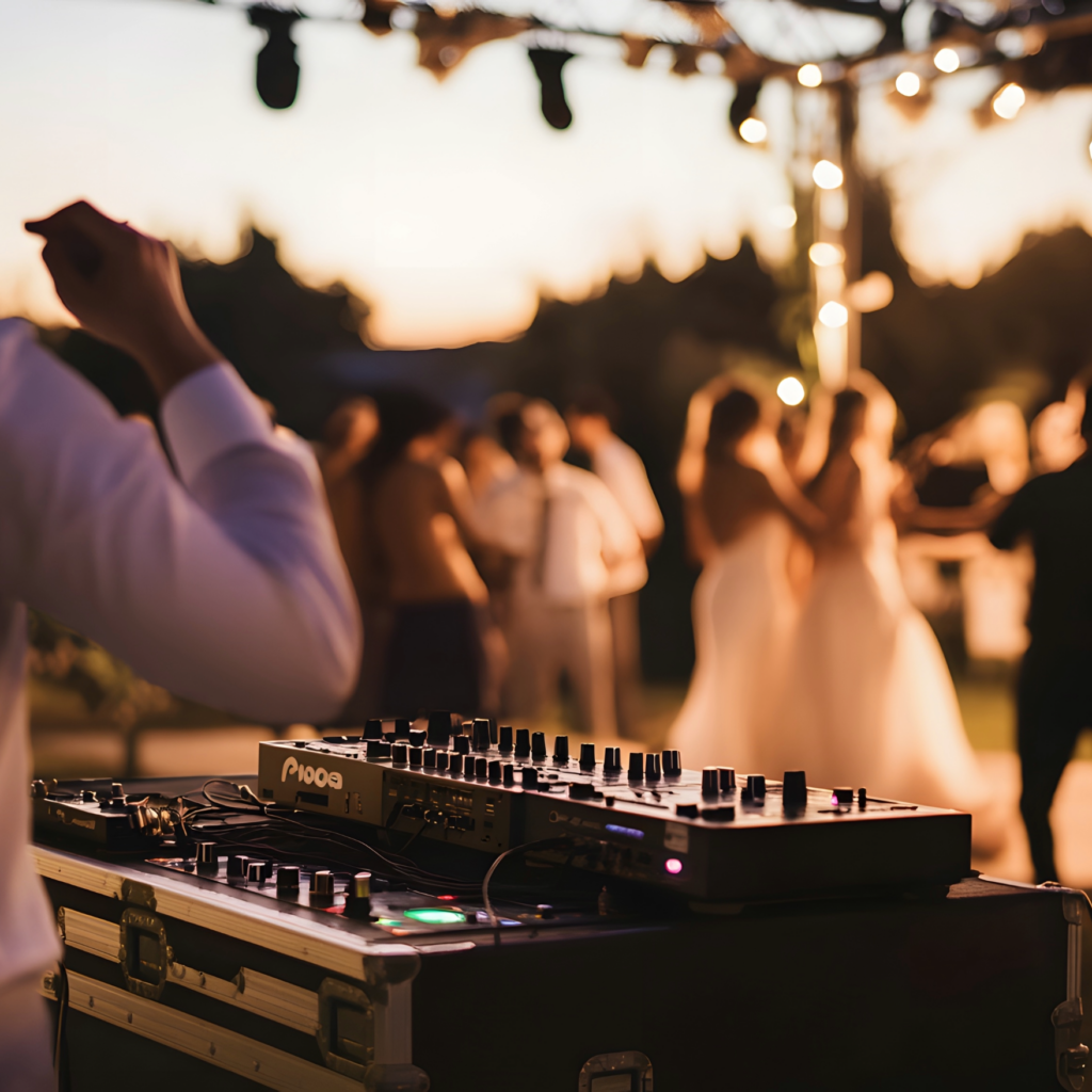 DJ spelar musik på ett fullt dansgolv – boka DJ eller band till bröllop