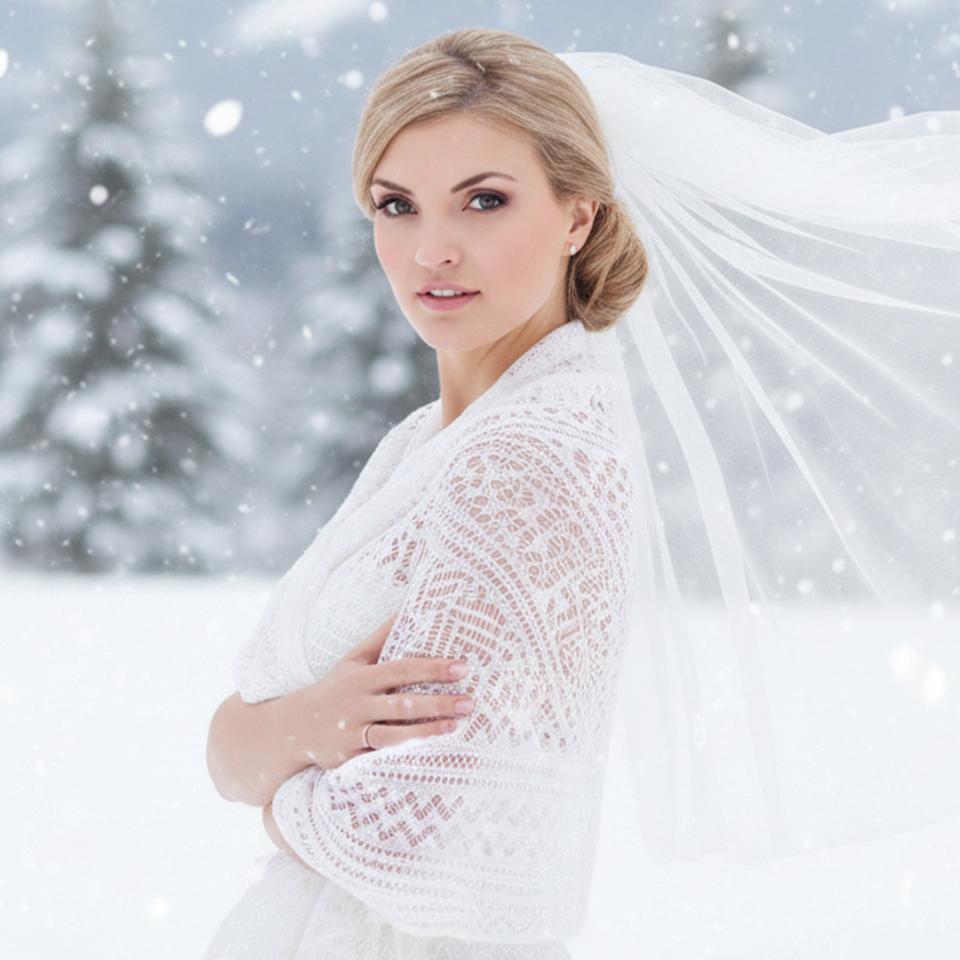 vinterbröllop brudklänning i krispigt vintervitt med långa ärmar och eleganta tillbehör