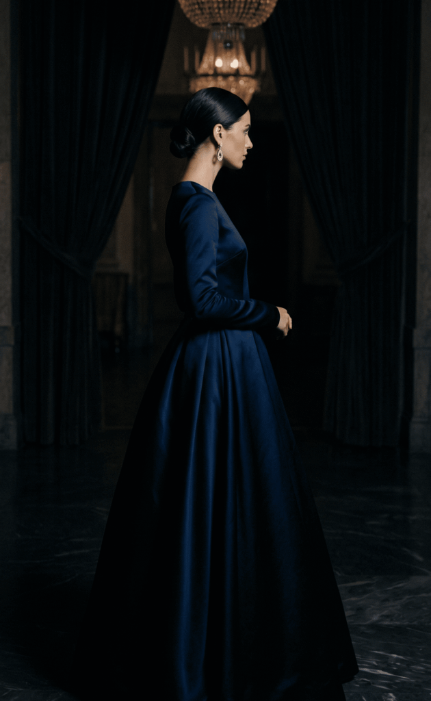 Elegant kvinne i midnattsblå langkjole til bryllup med kleskode høytidsdrakt eller kjole og hvitt.