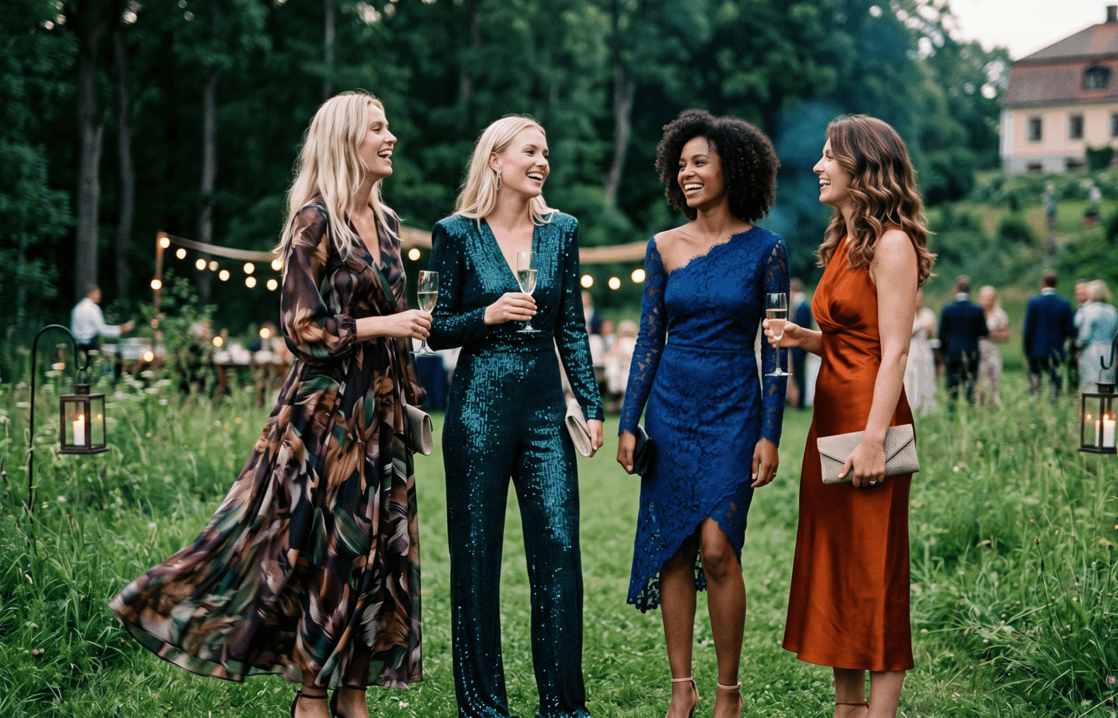 Gruppe på fire glade kvinner i ulike elegante festantrekk som kjoler og en paljettbuksedress ved en herregård for bryllup med kleskode dressjakke.